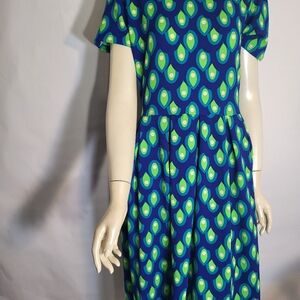 Lularoe Amelia Large Blue Green Peacock Geometric Fit & Flare Short Sleeve Dress